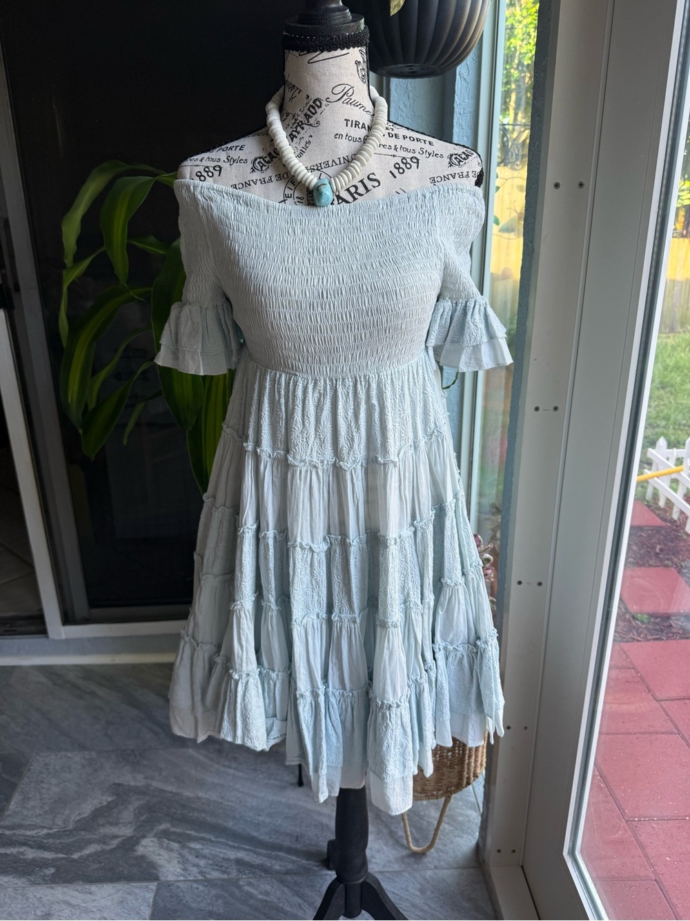 Smocked Off-Shoulder Tiered Dress in Light Blue
